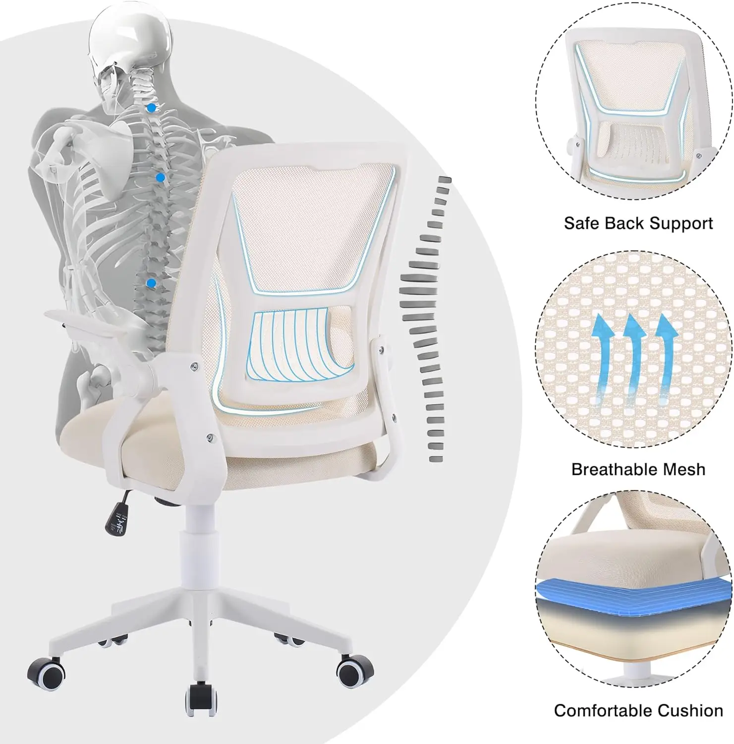 Mid-back Swivel Ergonomic Office Chair with Adjustable Arms Mesh Lumbar Support for Computer Task Work, Beige