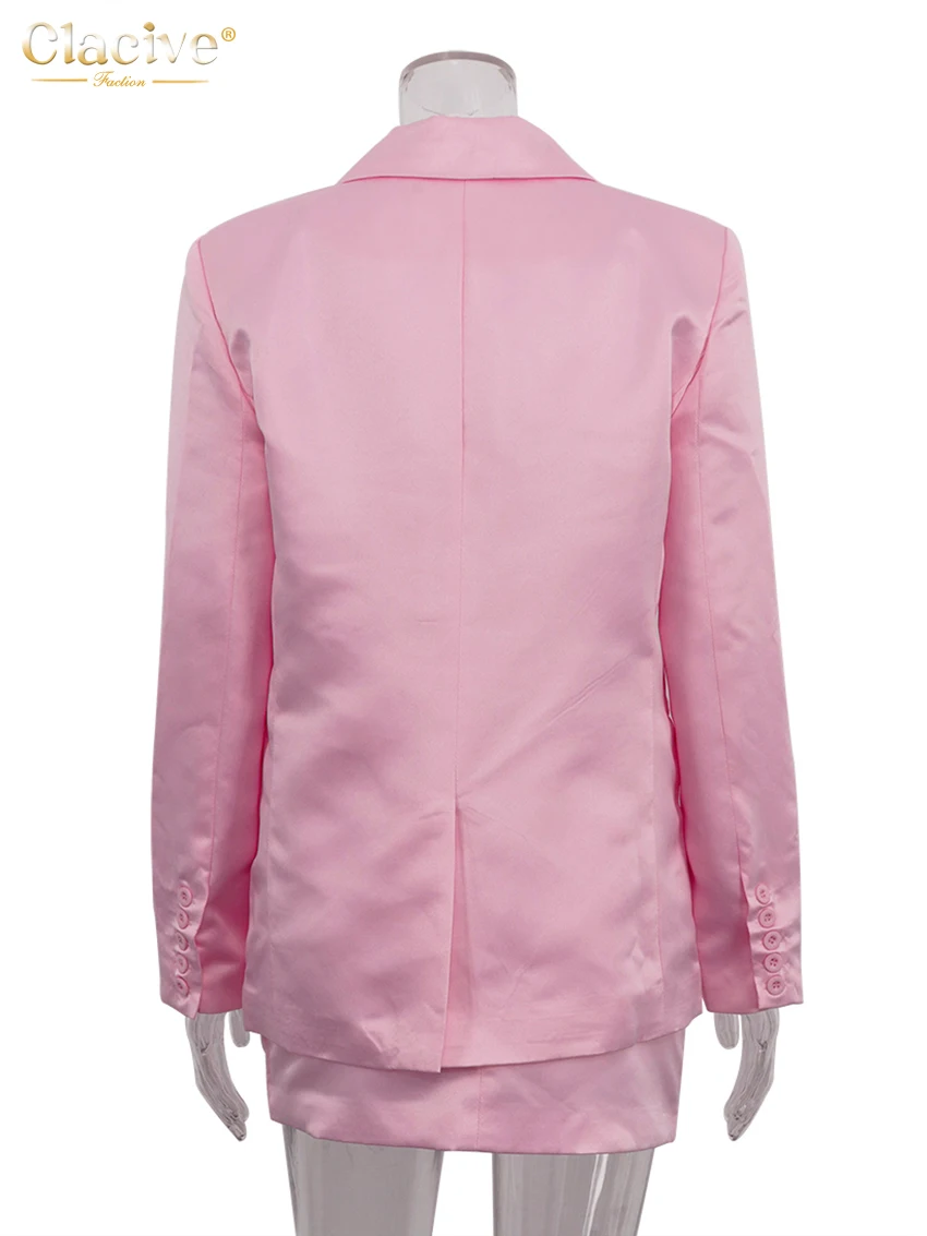 Clacive-Conjunto de 2 piezas de satén rosa holgado para mujer, traje elegante, chaqueta de manga larga con minifaldas de cintura media, moda 2024