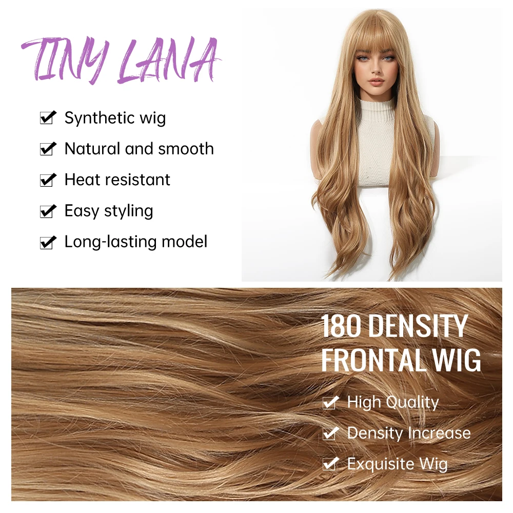 Long Golden Blonde Wave Synthetic Wigs with Bangs for Women Golden Brown Natural Cosplay Costume Daily Hair Wigs Heat Resistant image 2