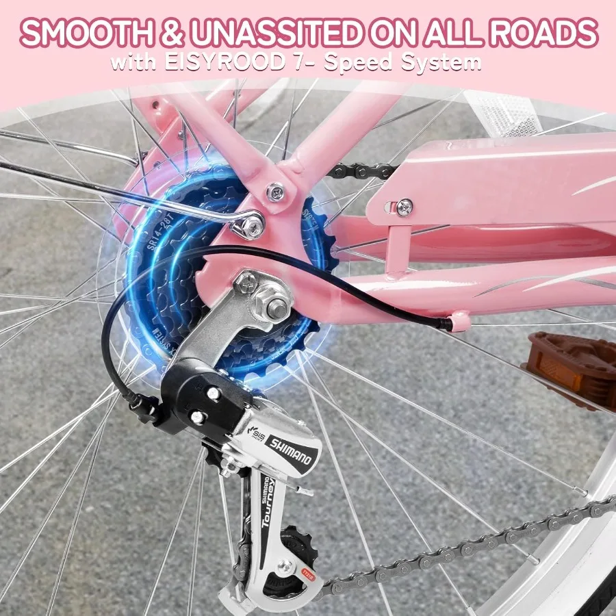 دراجة شاطئ كروزر قابلة للطي مقاس 26 بوصة للنساء مع نظام تروس 7 سرعات يتضمن سلة تخزين ورف خلفي مثالي للاتصالات الحضرية