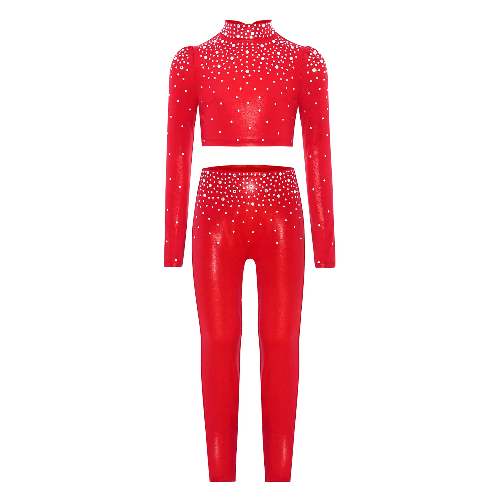

Kids Girls Jazz Dance Performance Costume Mock Neck Long Sleeve Keyhole Back Sparkling Rhinestones Metallic Crop Top+Pants 2Pcs