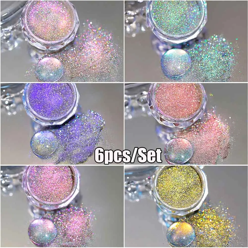 6 cores/conjunto super-brilhante colorido reflexivo diamante prego glitter pó brilho aurora cristal pó manicure pigmento poeira