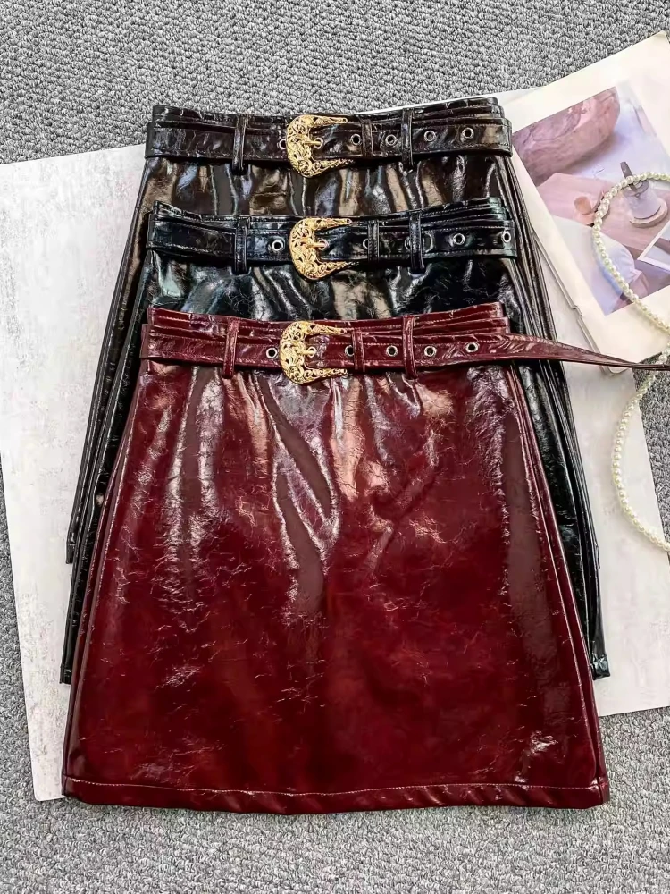 

REALEFT винтажные юбки из искусственной кожи для женщин, новинка 2026, весенние элегантные однотонные юбки-карандаш с высокой талией, повседневные женские юбки трапециевидной формы