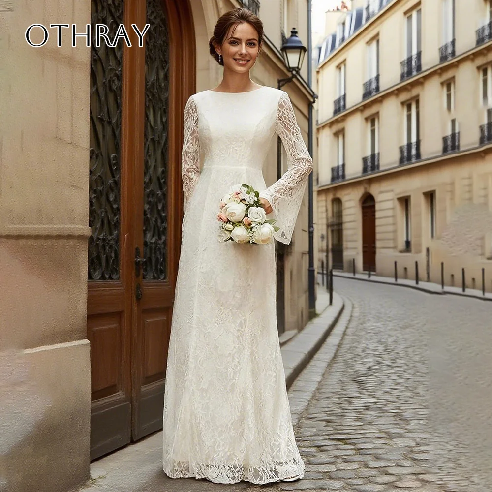 Lace Long Sleeves O-neck A-line Bridal Wedding Gown Floor Length Backless Customized свадебное платье