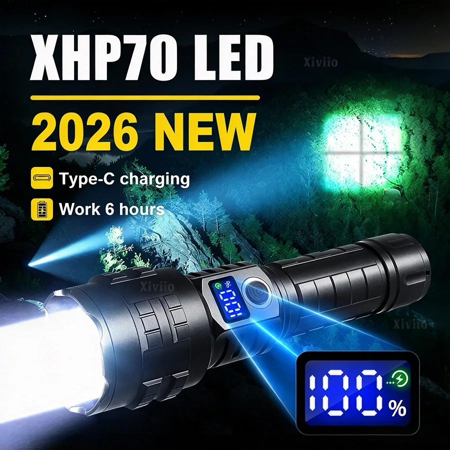 Latest Super Powerful XHP70 Flashlight Rechargeable Telescopic Zoom Tactical Flashlight Outdoor Portable Torch Hunting Hiking