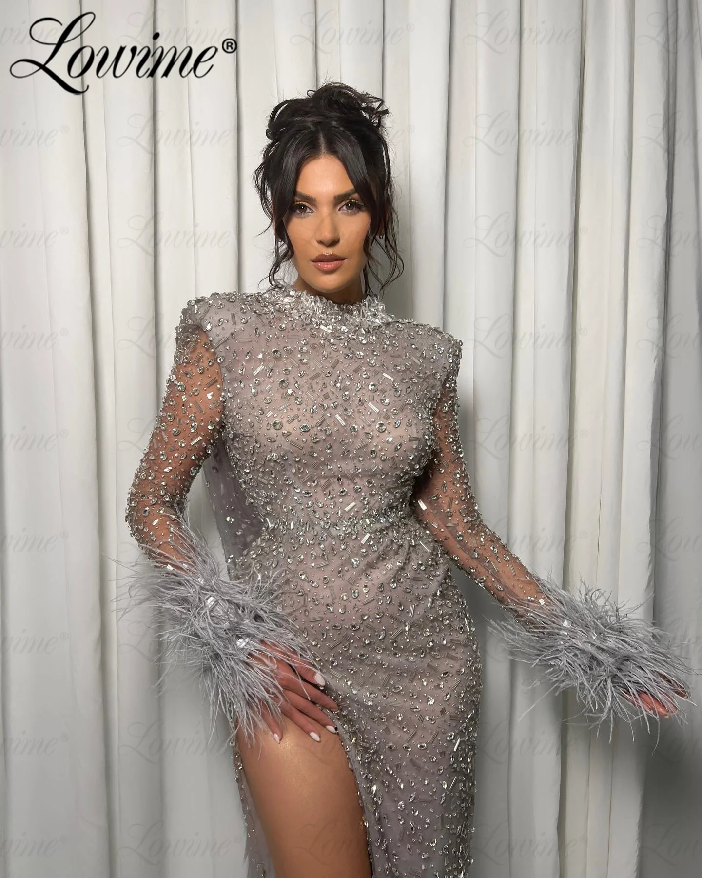 Feathers Heavy Crystals and Stones Women Evening Dress Long Sleeve High Split Mermaid Party Gowns Couture Luxury Celebrity Dress