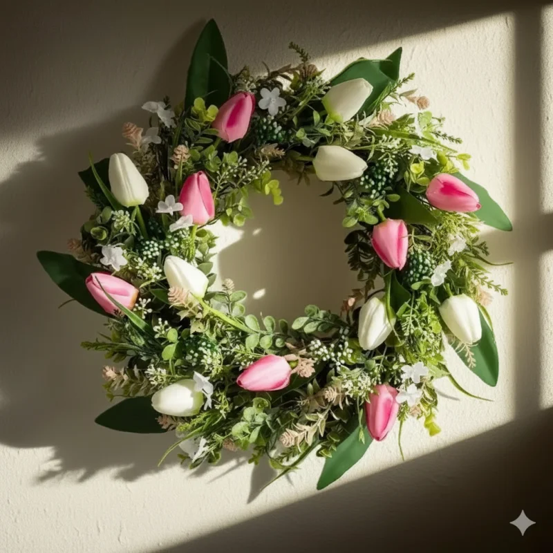 

Artificial Tulip Wreath Silk Fake Flowers Front Door Hanging Decor Home Garden Party Wedding Decoration Hot Sale