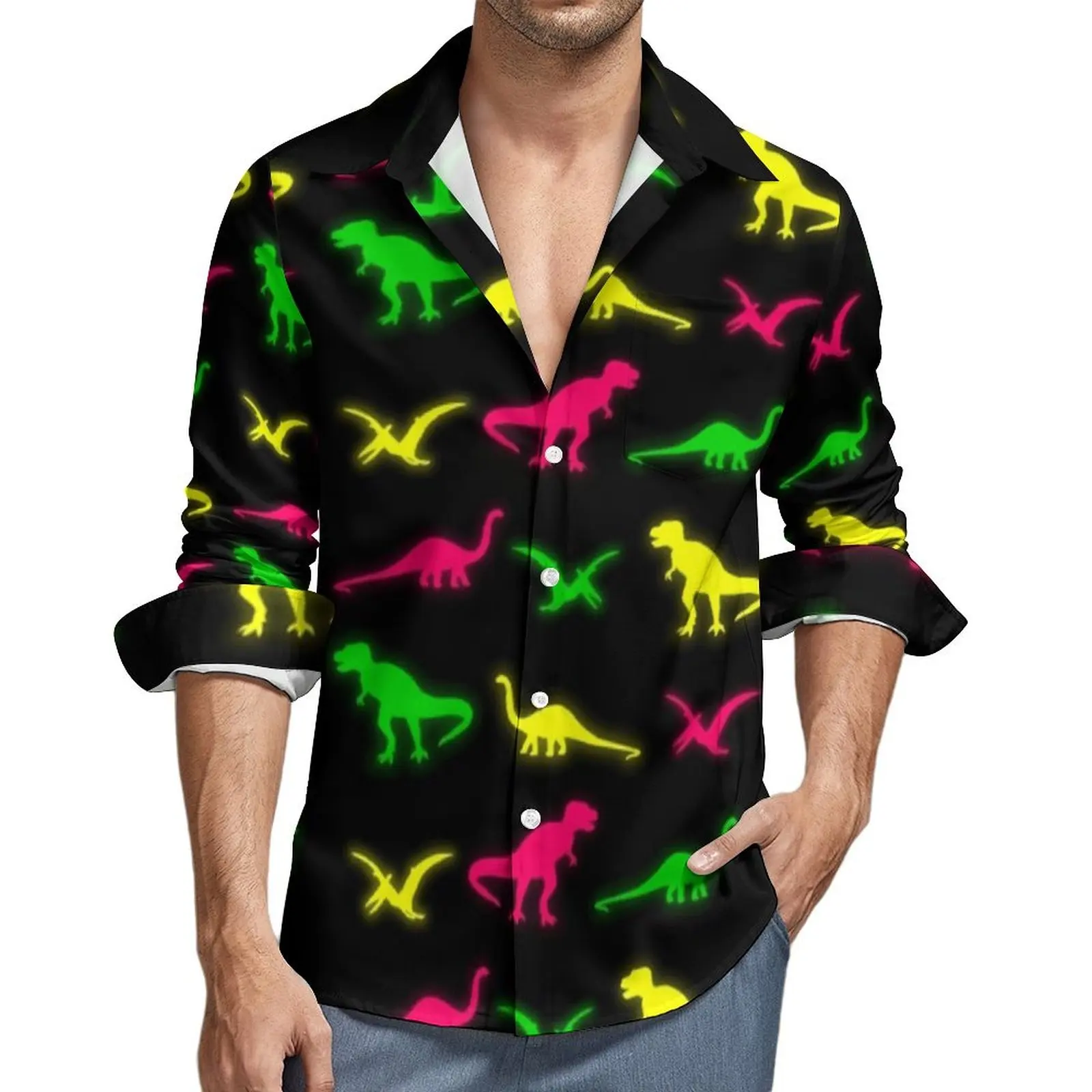 

Neon Dinosaur Casual Shirt Male Colorful Animal Print Y2K Street Shirt Autumn Vintage Blouse Long Sleeve Custom Oversized Tops