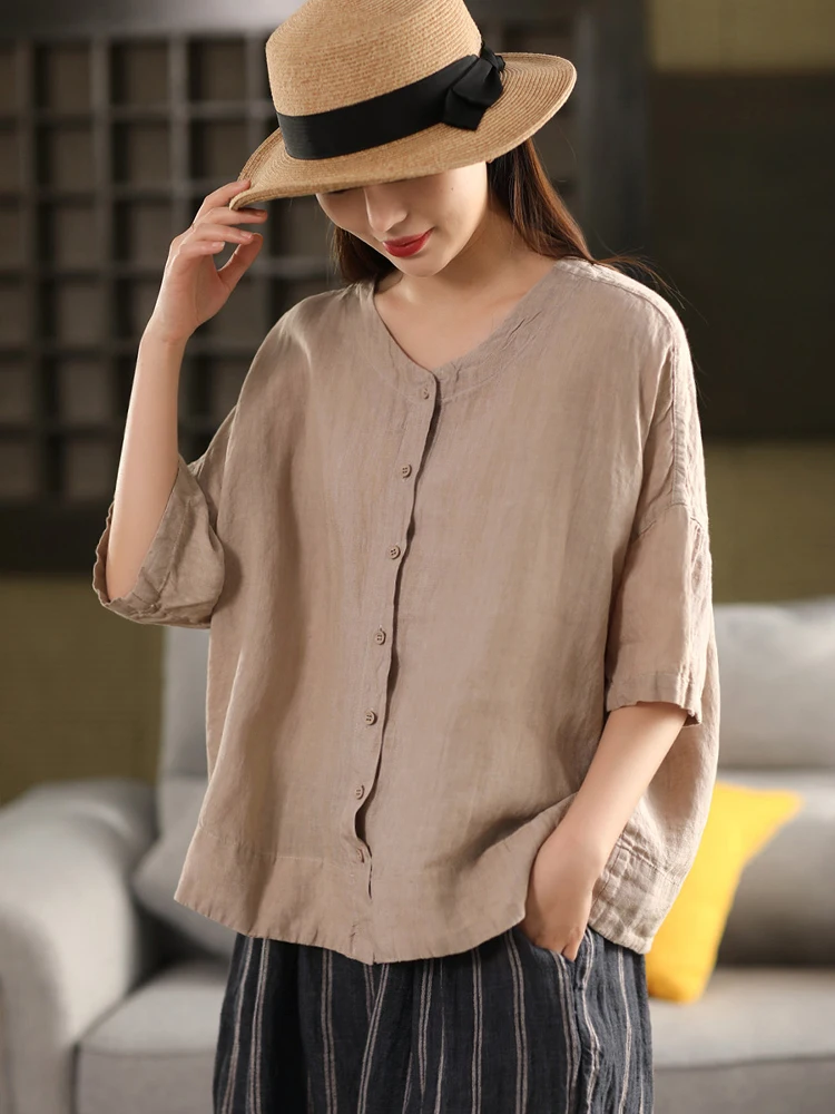 

Retro Linen irt Women's Svel Single Button Pure Color Top Comfortable Commute Sle Loose Fit Summer Faion