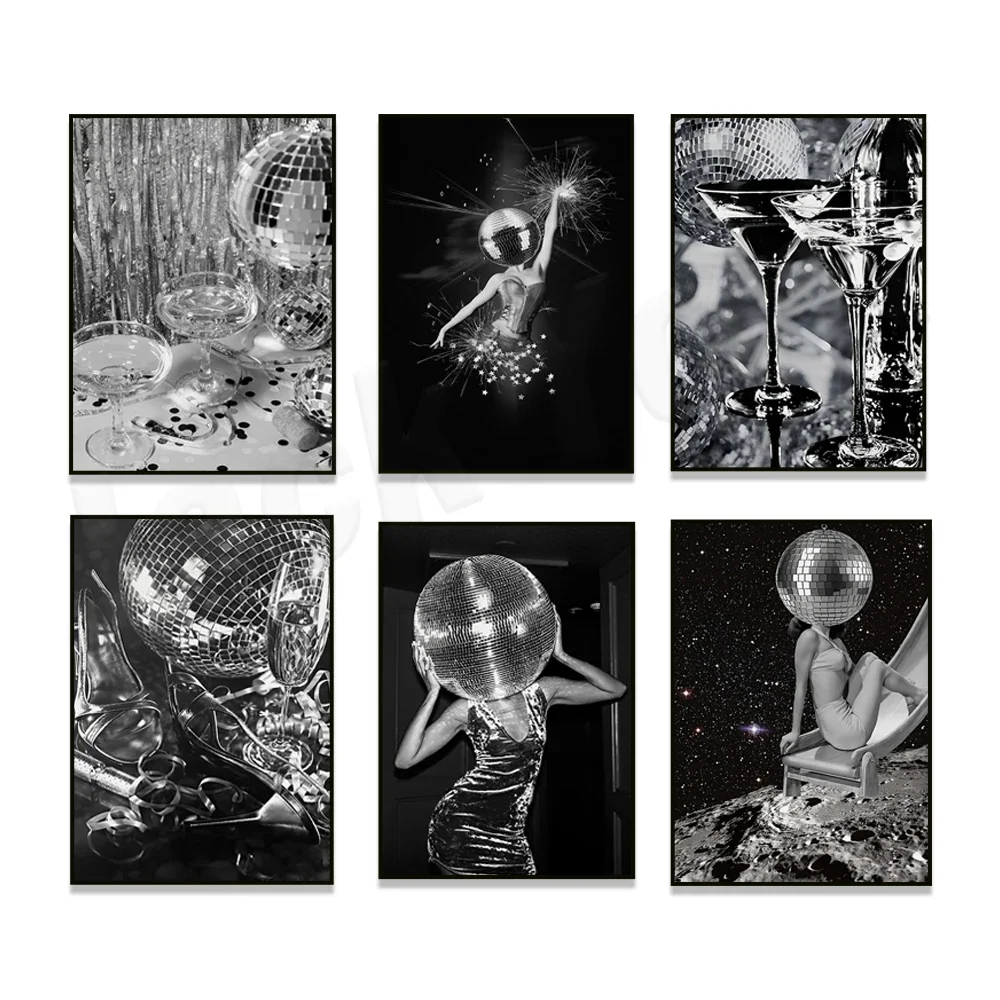 Vintage Disco Ball Poster, Disco Mirror Black and White Print, Disco Ball Heels, Champagne Print, Funky Wall Girls Dorm Decor
