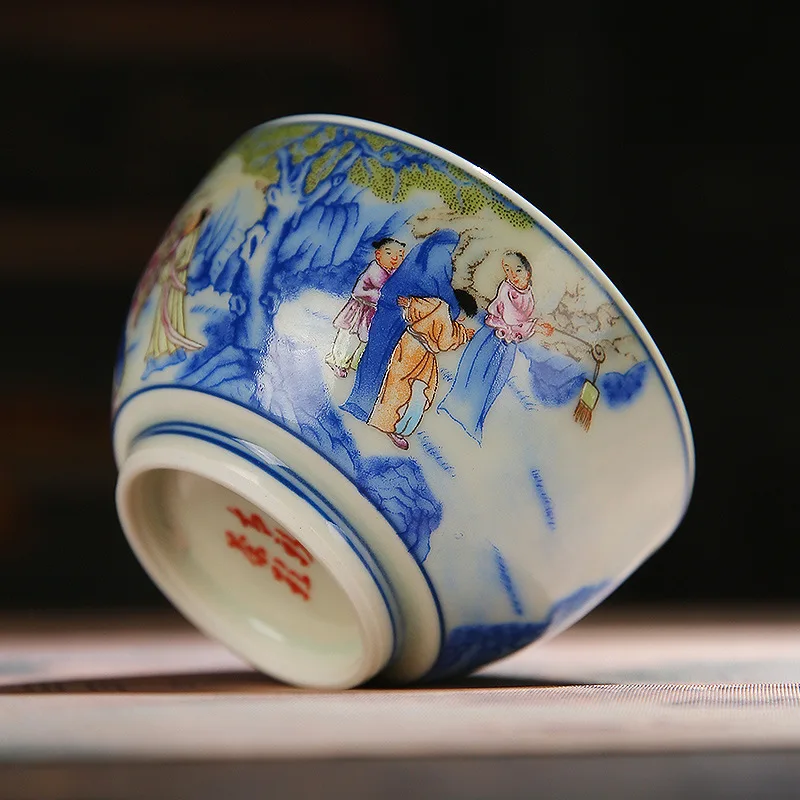 Master Peach Plum Night Banquet Pattern Ceramic Tasting Cup Kung Fu Tea Set Retro Blue and White