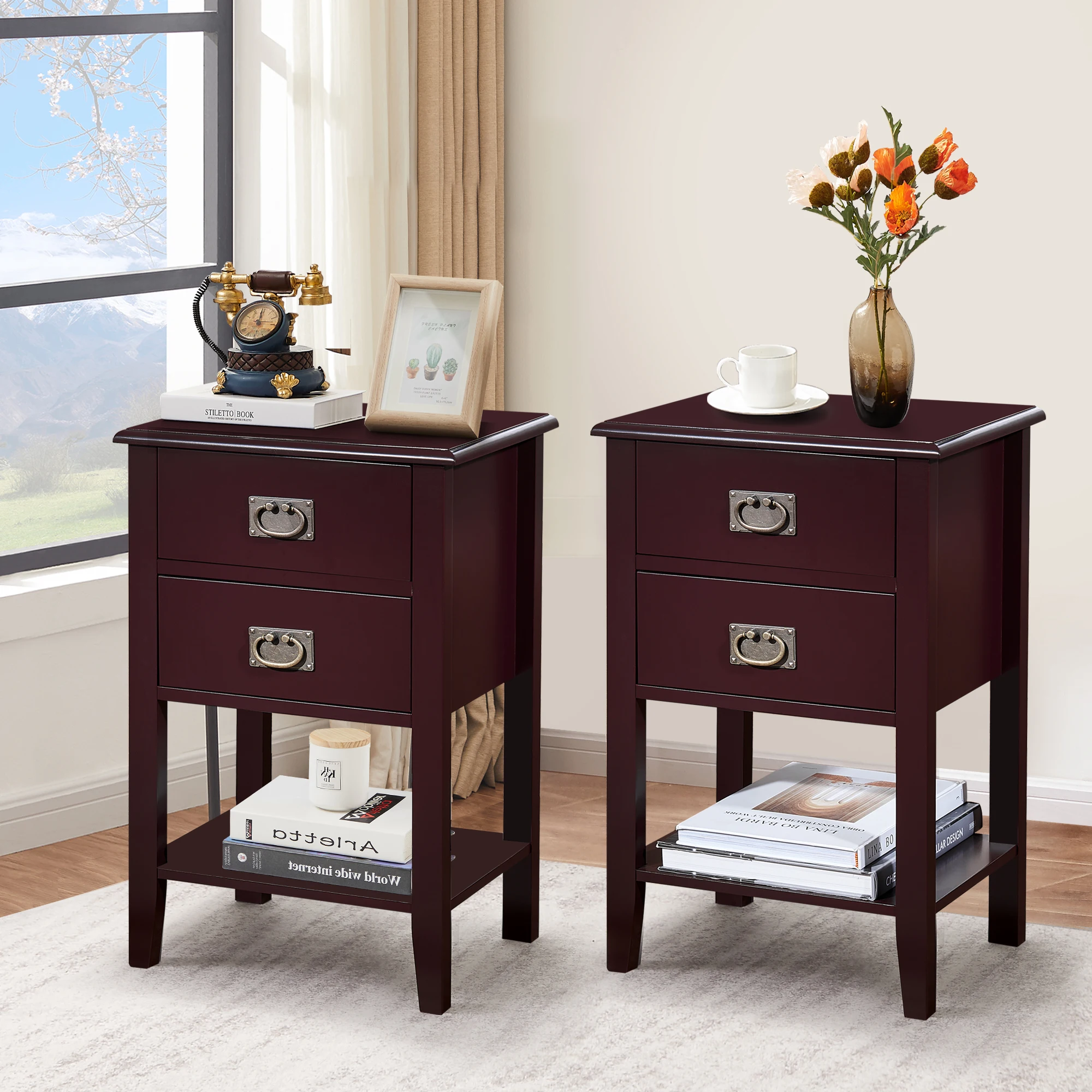 VECELO Nightstands Set of 2-Natural Beside Table with Storage Two Drawer - Midcentury Modern Bedroom Storage Cabinet, Brown image 2