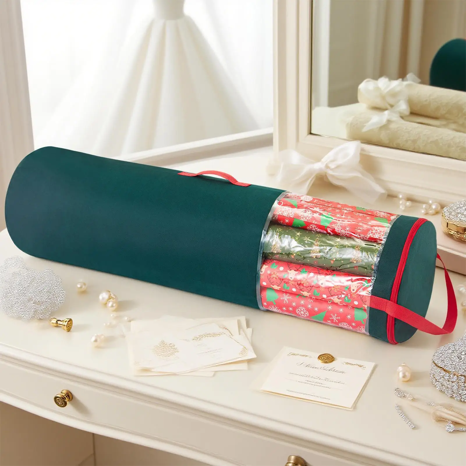 

Wrapping Paper Organizer Storage Large Capacity Wrapping Storage PVC Clear and green Oxford Cloth Packaging Paper Organizer Bag