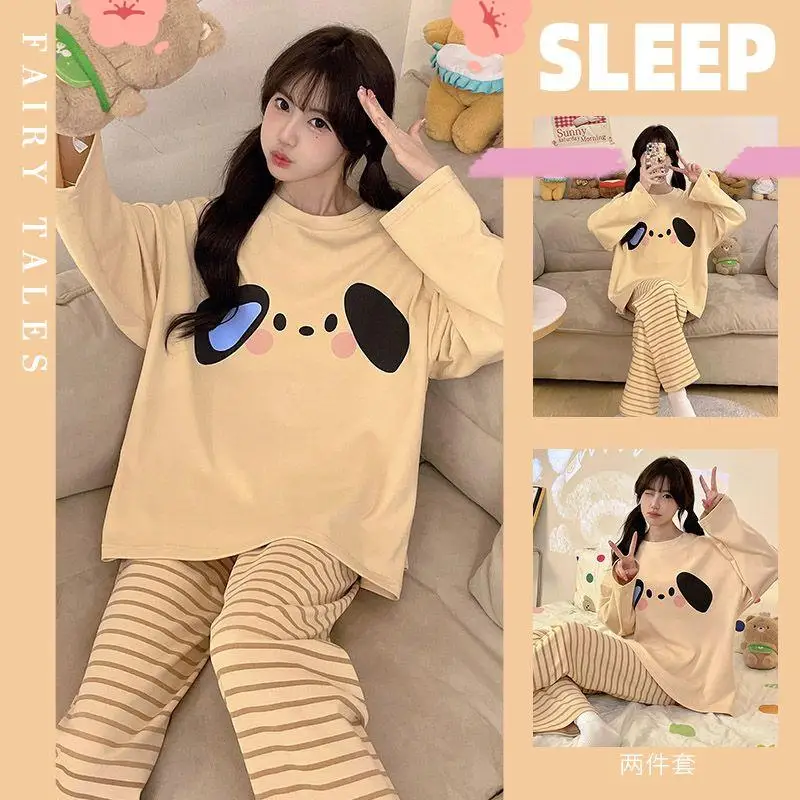

Spring autumn Women's pajamas long sleeves Comfortable Sleepwear girl suit loose Cotton Pajama Set student Solid Color homewear