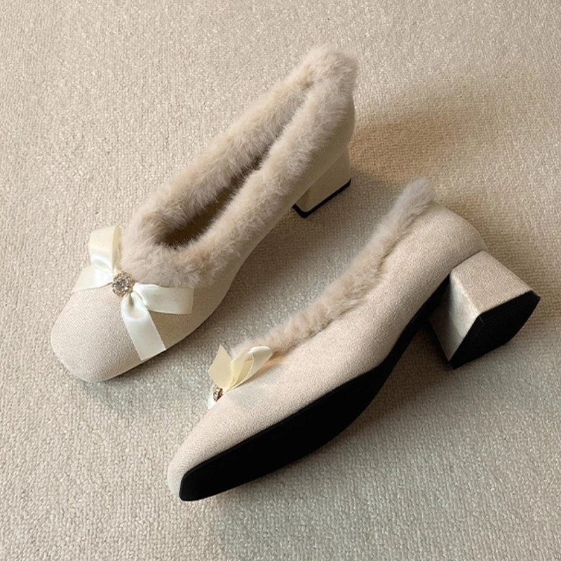 

Fur Womens High Heels Shoes Chunky Fashion Suede Pumps Designer Bow Elegant Luxury Plush Warmth Single Shoes Zapatos Mujer Botas