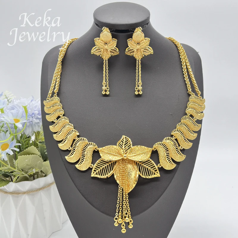 African Gold Plated 18k Jewelry Set Women Classics Delicacy Dubai Necklace Earrings Ethiopia Women Wedding Party Accessories