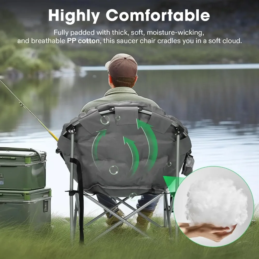 Extra large camping chair, padded folding moon chair, dish chair with cup holder and handbag, supports up to 500 pounds