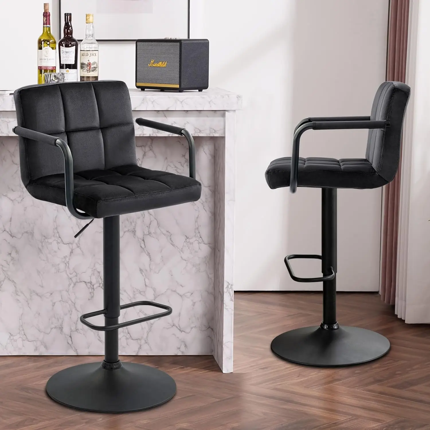 Furnimart Adjustable Bar Stool Swivel Barstools Set of 4 Counter Stools with Armrest and Footrest Upholstered Bar Chairs