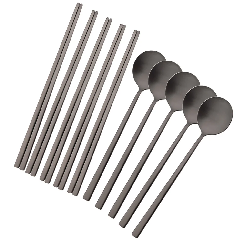 

10Pcs Black Tableware Set Korean Dinner Spoons Chopsticks Flatware Western Matter Dinnerware Set Stainless Steel Cutlery Sets