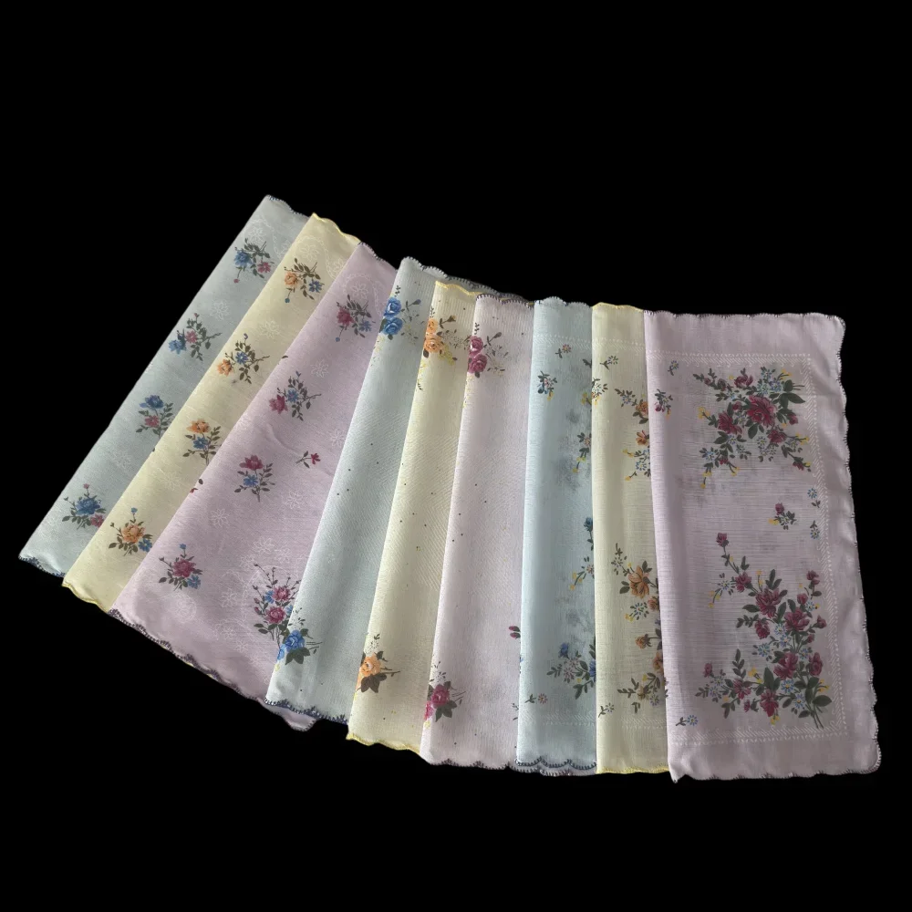 Women's printed all cotton small handkerchief thin 29.5cm, 11.6 inches, pack of 9 strips