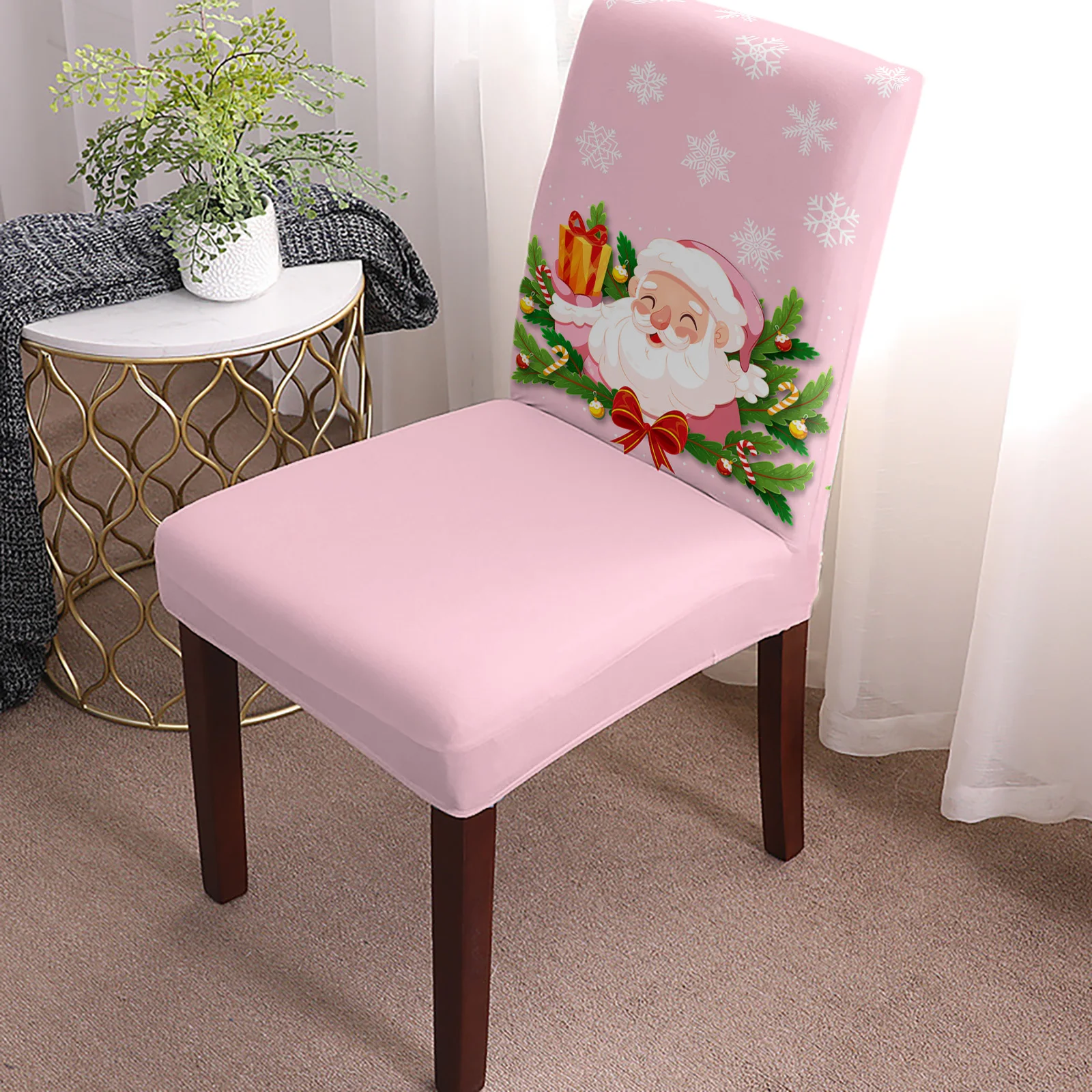 Christmas Santa Claus Pine Needle Pink 4/6/8PCS Spandex Elastic Chair Case For Wedding Hotel Banquet Dining Room