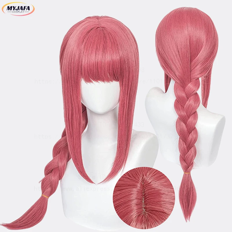 High Quality Makima Cosplay Wig Anime Chainsaw Man Cosplay Long Coral Pink Braided Heat Resistant Hair Role Play Wigs + Wig Cap