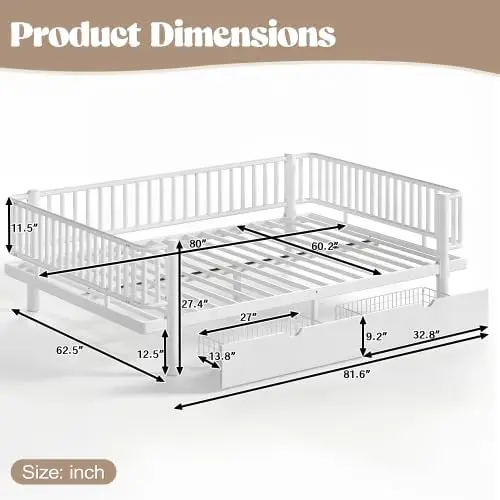 Metal Queen Daybed Frame with Storage Drawers & Detachable Fence, Can be Transformed into Platform Bed, Queen Size