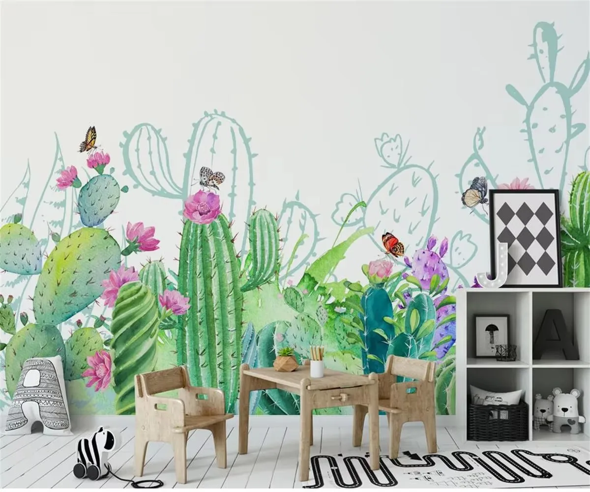 Fotobehang Nordic Cactus Tropische Plant bloemen Muurschildering Woonkamer Slaapkamer Interieur decoratieve waterdichte zijden muurschildering