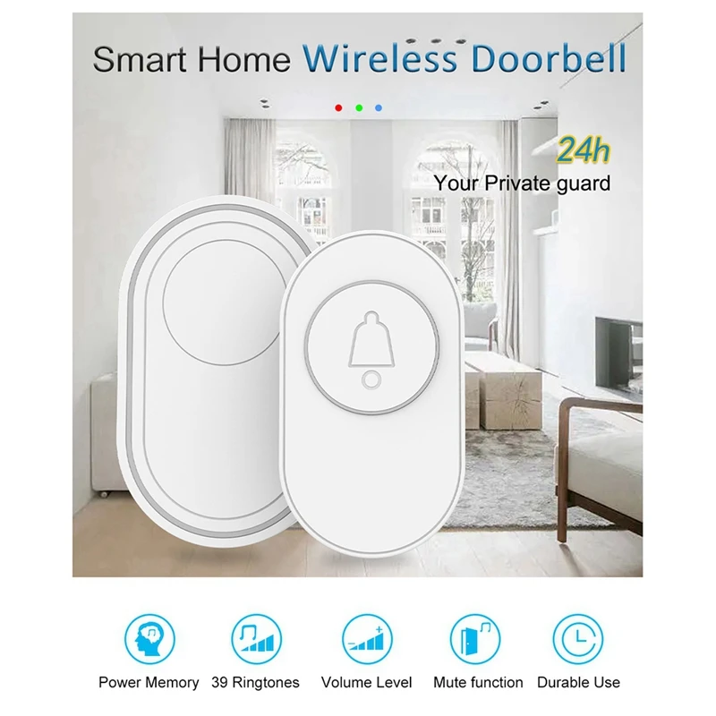 Wireless Doorbell 433MHz Waterproof Button Adjustable Volume 36 Melodies Ringtones Black Color Indicator Light Remind US-ABLA view 3