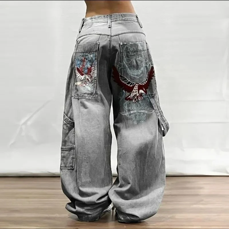 

Harajuku Streetwear Wash Jeans Винтажные свободные брюки на пуговицах со средней талией Y2k Джинсовые брюки с принтом Pockcet Полная длина High Street 2025
