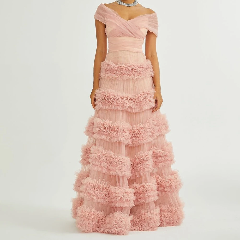 

Customized A-line Evening Dresses Floor-length Off The Shoulder Sleeveless Prom Gown Fashion Ruched Simple Draped Party Gown