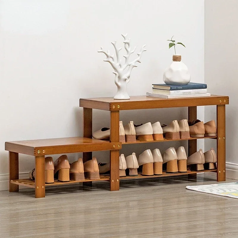 2 Tier Bamboo Shoe Organizer Rack Simple Modern Change Shoes Bench Entryway Storage Shoes Cabinet Multifunctional Wooden Seat