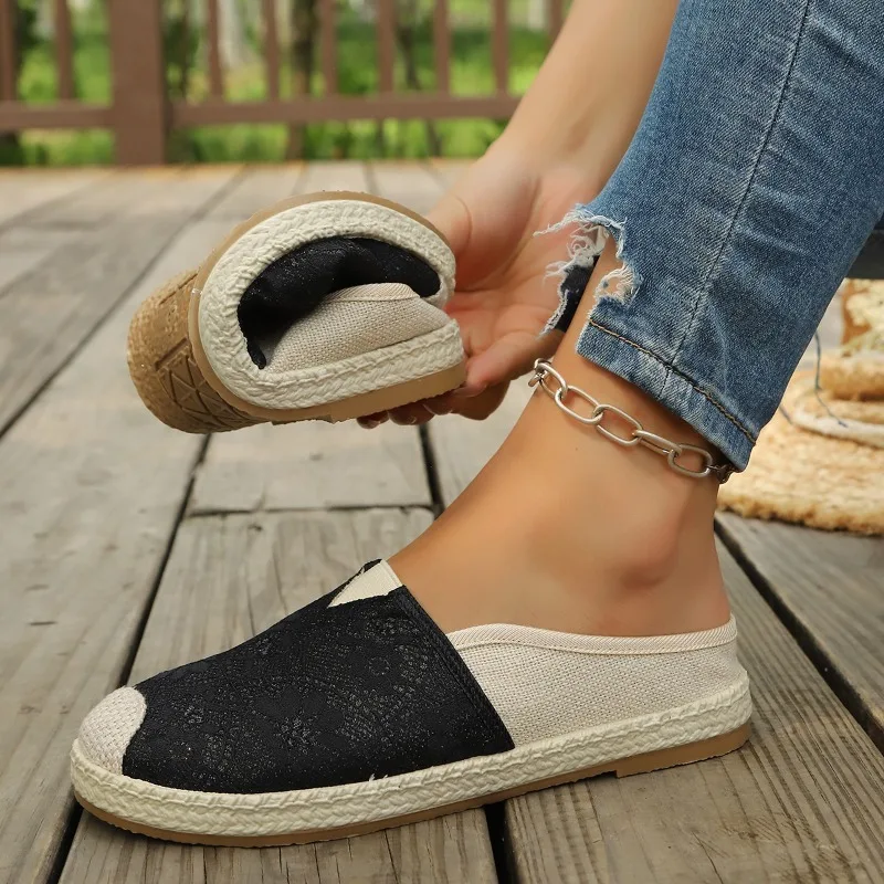 Mules à bout fermé bicolores pour femmes, semelle plateforme enveloppée de jute de 2,5 cm, respirantes, en lin, style mocassins d'été