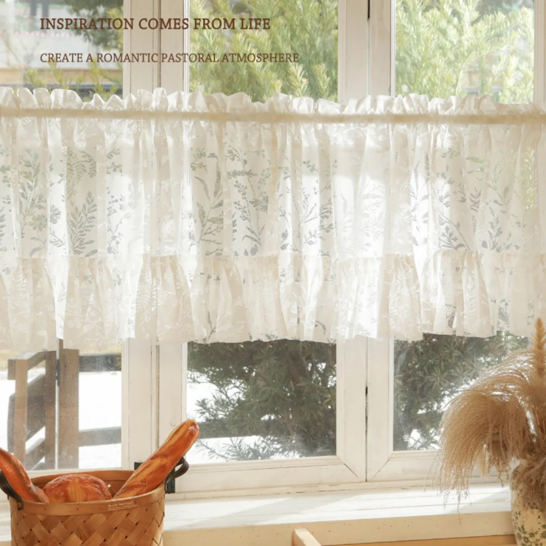 1pc French Country Style Sheer Curtain, Short Half Drapes, Geometric Pattern, Lace Trim, Kitchen Door Curtains, Coffee Shop Curt