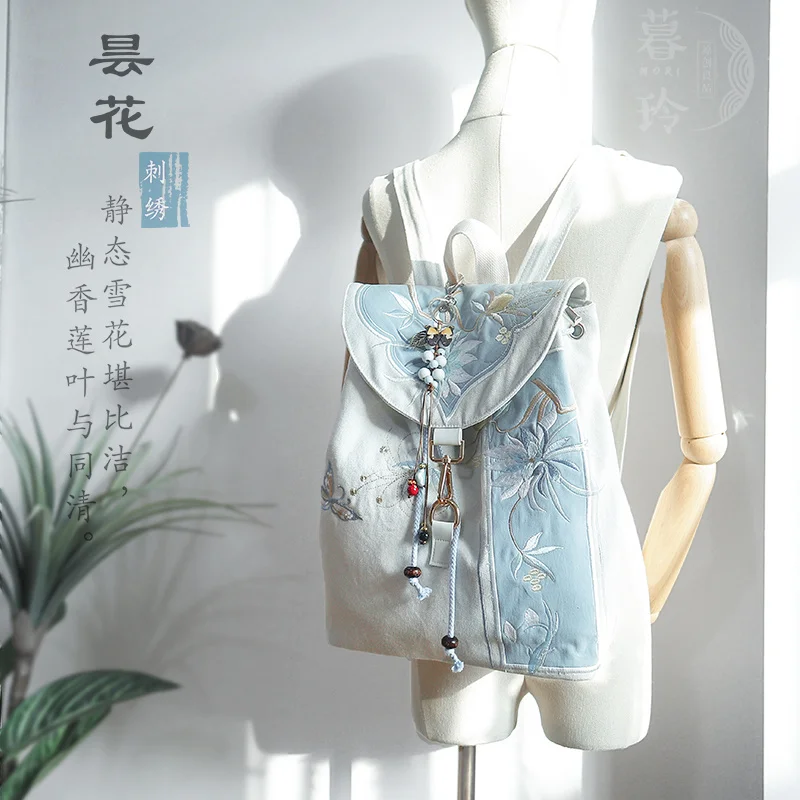 15인치 레트로 중국 스타일 백팩 수제 자수 캔버스 가방 지퍼 노트북 드로스트링 배낭