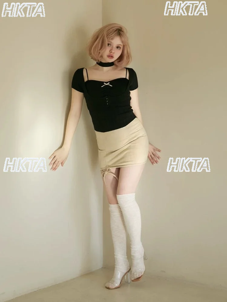 Japanese Style Sweet Gentle Cable Stitch Suspender Vest + Short-sleeve Waist Top 2-piece Set Summer Girl Elastic Knitting Tshirt