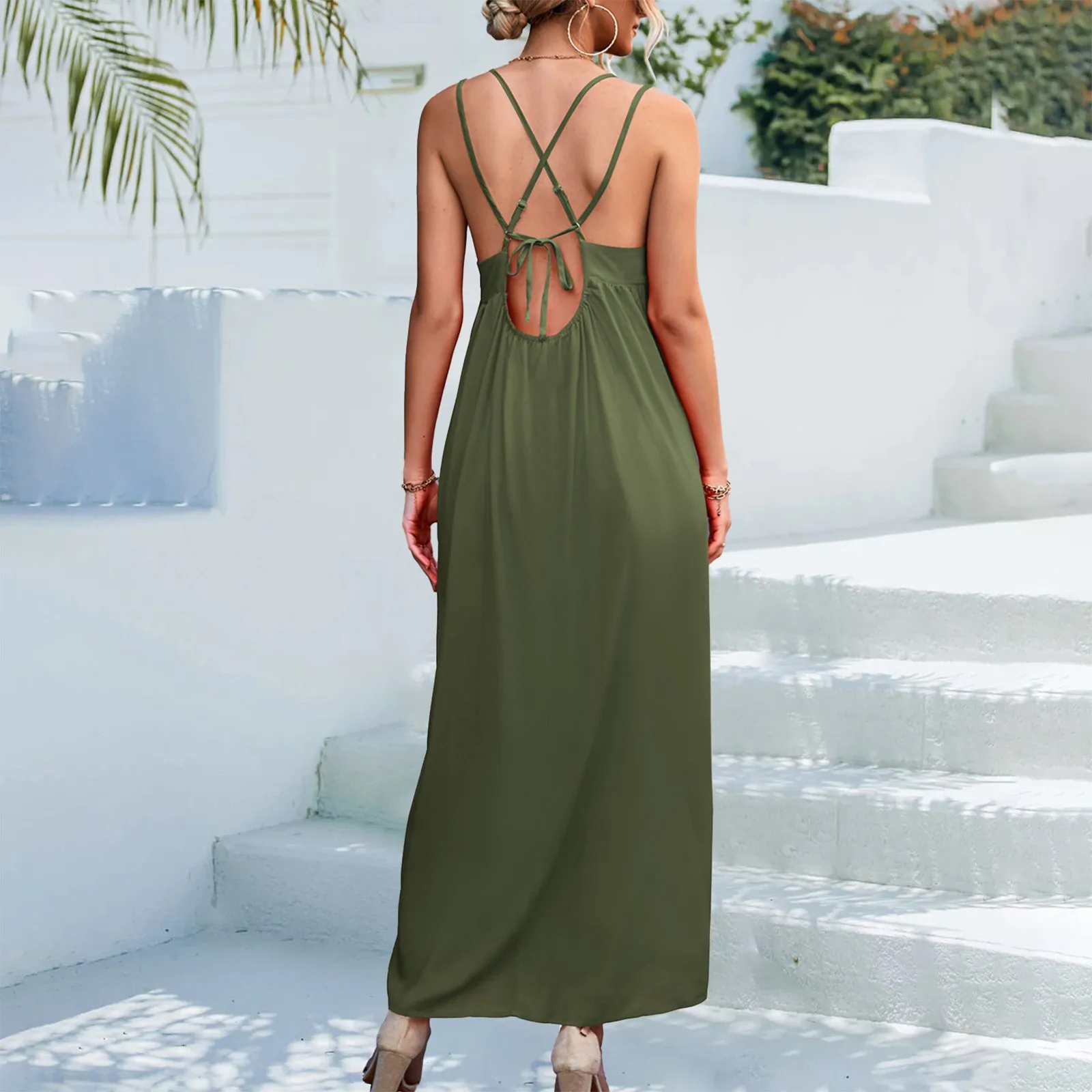 Vestido informal con tirantes para mujer, traje Sexy con cuello en V y Espalda descubierta, cómodo, de cintura alta, elegante, para vacaciones