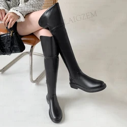 LAIGZEM Women Over Knee High Boots Real Leather + Synsthetic 3CM Low Heels Tall Boots Ladies Shoes Woman Plus Size 37 40 42 43