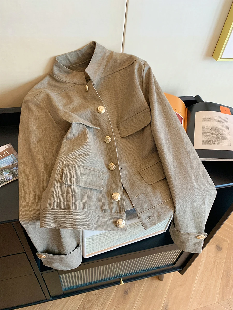 

Ретро Sle Свободная посадка, рабочая одежда Jaet ex Весна-Осень Модный повседневный универсальный модный топ с воротником-стойкой