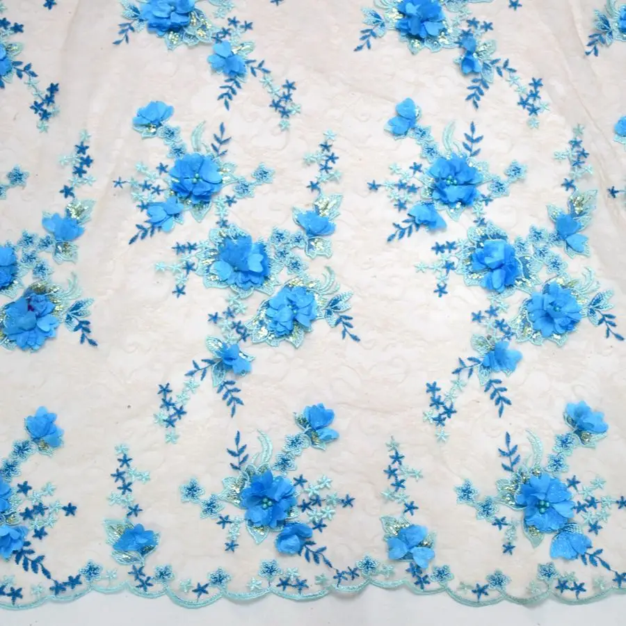 New Arrival French 3D Applique Blue Peach Mesh Curtain Lace Fabric 5 Yards HY0440