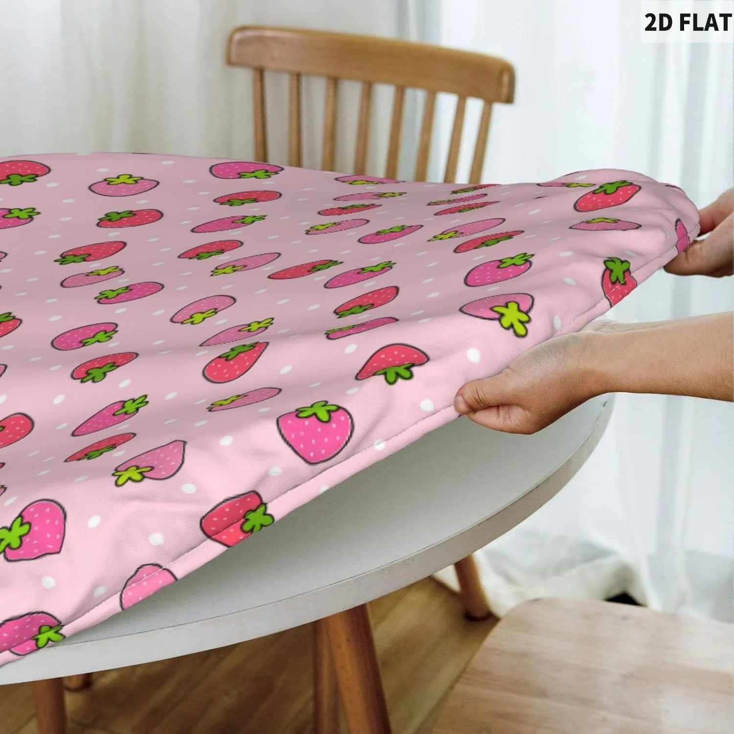 1 قطعة مفرش المائدة المستديرة من البوليستر الوردي والفراولة ، مفرش المائدة المستديرة المجهزة بحافة مرنة ، لديكور حفلات الطعام ذات الطابع الوردي