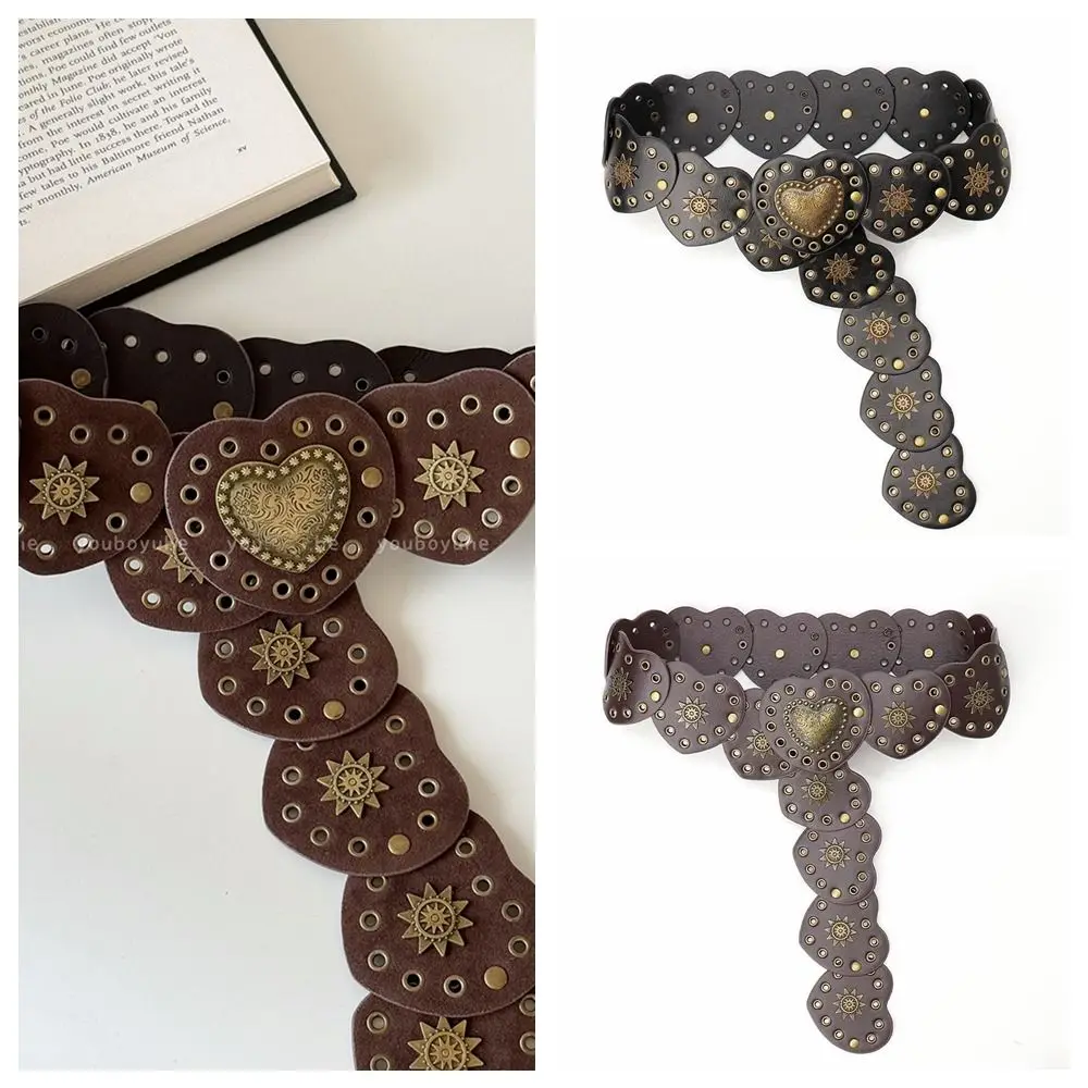 캐주얼 메탈 하트 벨트 와이드 Y2K 메탈 리벳 벨트 과장된 PU 가죽 카우보이 허리띠 여성용