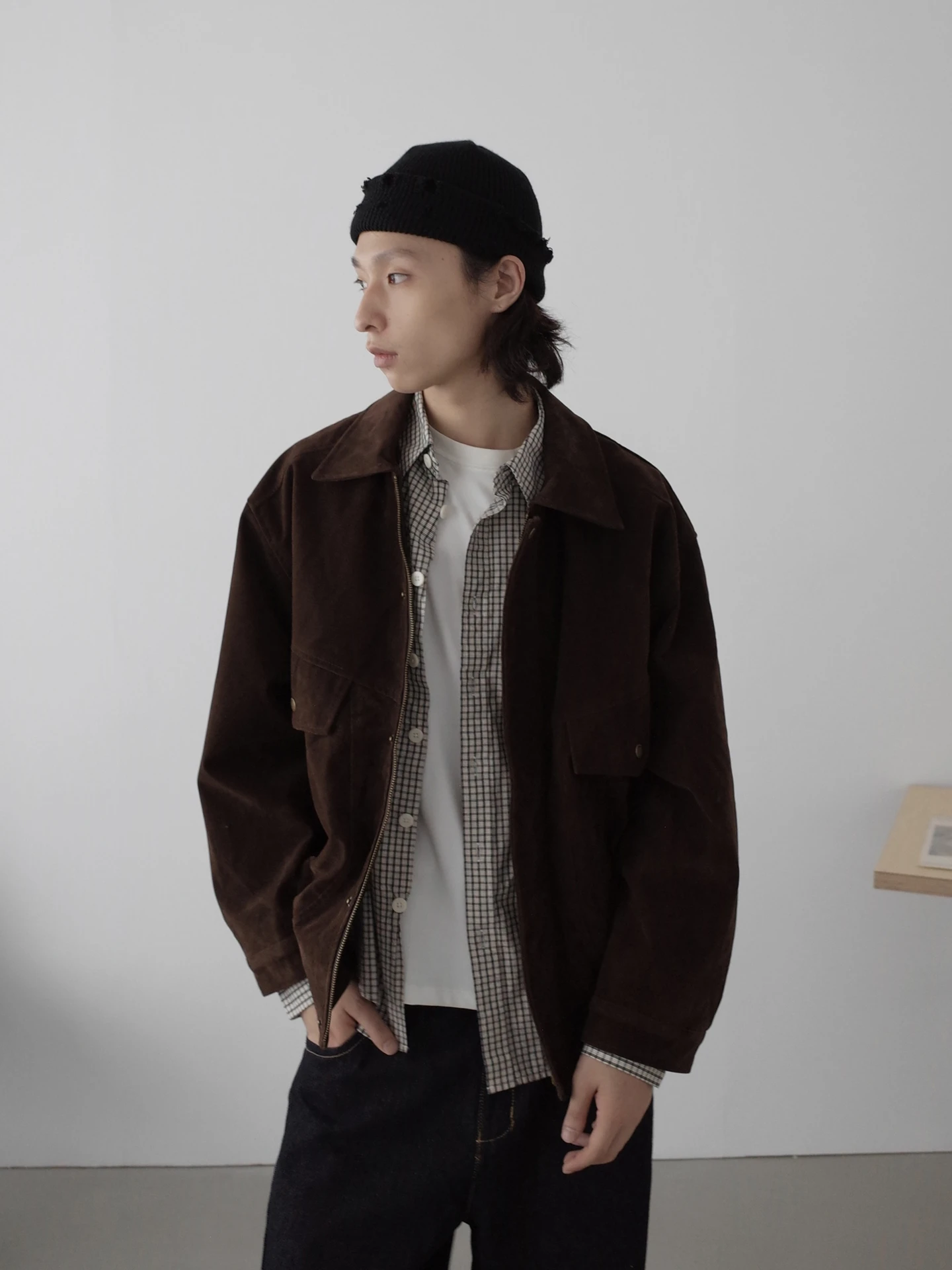 

Inknotts American Retro Men's Suede Collar Jaet Loose Fit Outerwear Top Youth Polyester Blend Long Sve Zipper Closure