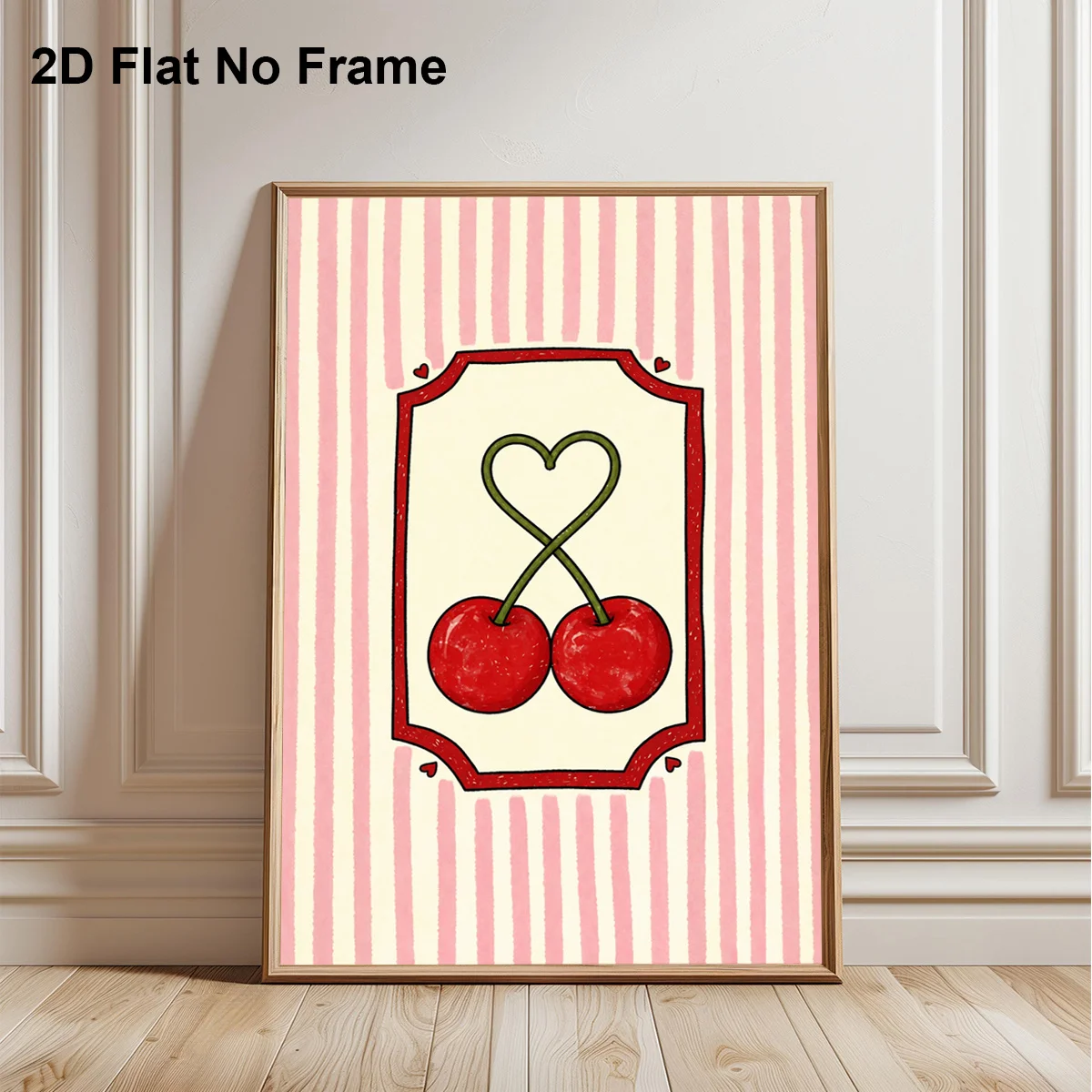 2D Flat, 1pc Modern Frameless Canvas Poster - Cute Red Cherries with Heart Stems on Pink Striped Background, Minimalist Suita