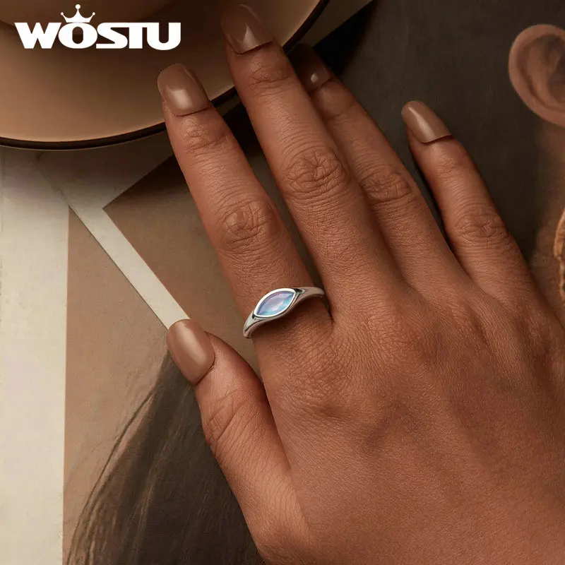 WOSTU Real 925 Sterling Silver Rainbow Moonstone Signet Opening Ring For Women Devil's Eye Adjustable Rings Party Jewelry Gift