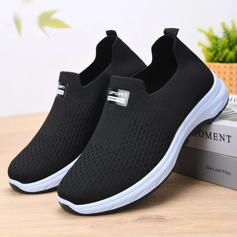 Men Knit Slip On Sneakers Breathable Flying Woven Upper Thick Non-slip Sole Lazy Casual Walking Shoes