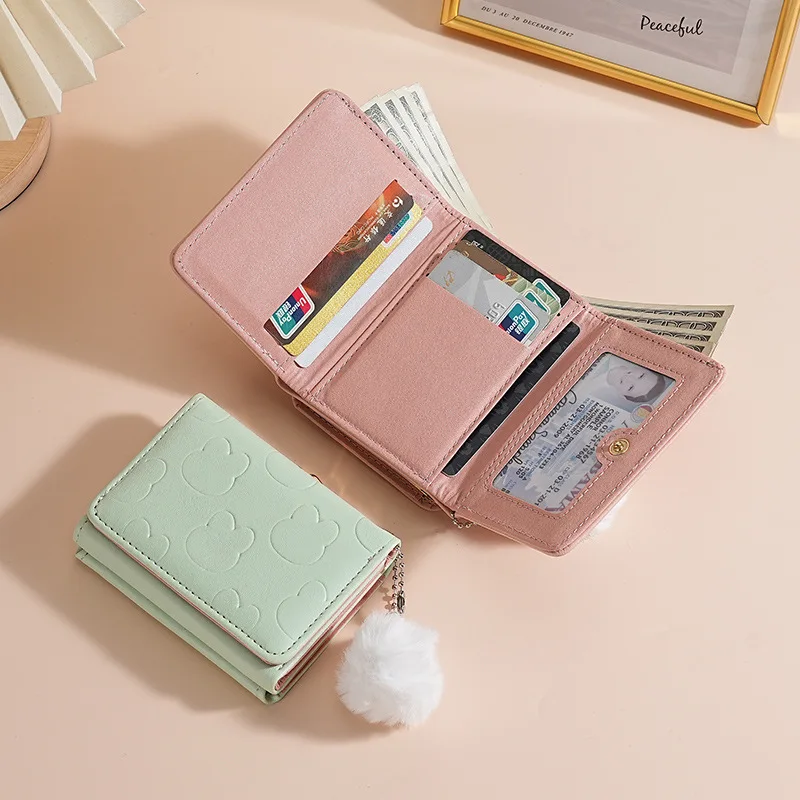 Three-fold short wallet, women's portable and cute cartoon wallet, card holder, ultra-thin small card bag, integrated student ch