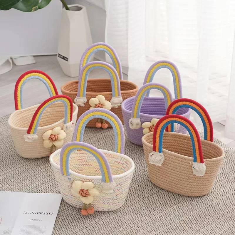 Korean Trendy Flower Rainbow Handbag for Women Wedding Gift Basket Cotton Rope Woven Basics Storage Bag Women\'s Beach Bags