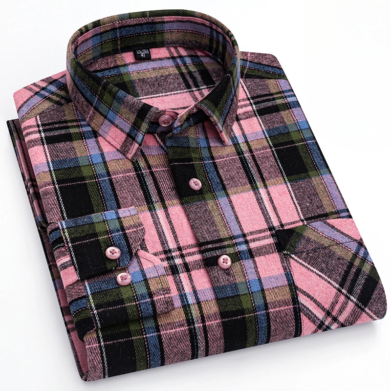 New in shirt 100%cotton brushed long sleeve shirts for man slim fit formal plain shirt soft plaid casual tops elegant clothes