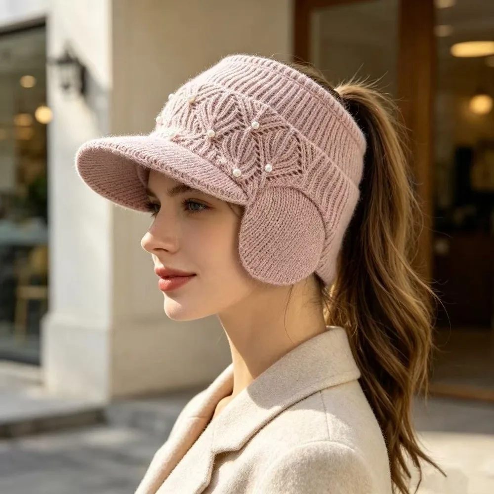 Comfortable Knitted Open-top Baseball Cap Pearl Anti-freezing Ear Protection Hat Solid Color Women Ponytail Beanie Winter Wear